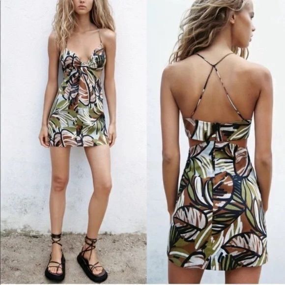 NEW‎ Zara Tropical Print Cutout Strappy Linen Green Mini Dress 8054/528 Size M - Picture 1 of 4